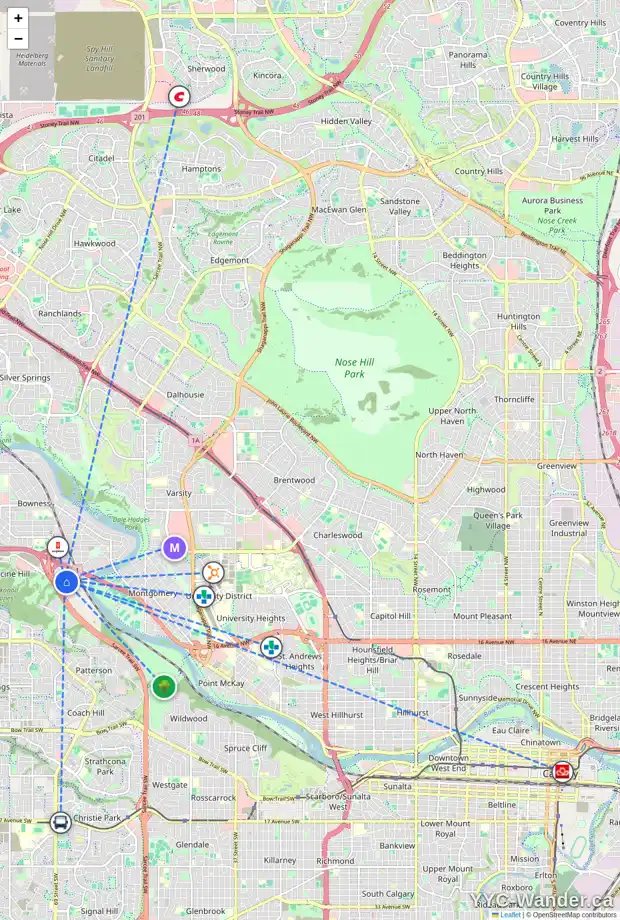 Daily accessibility map for 24 BOWDALE CR NW, Calgary showing nearby schools, grocery stores, parks, LRT stations and nearby amenities
