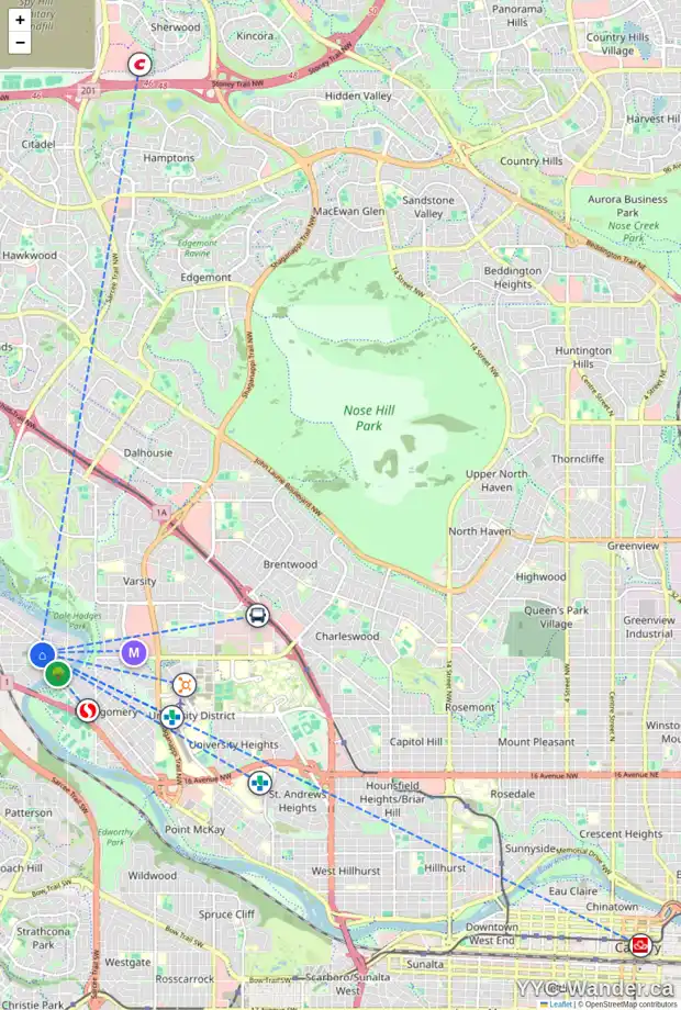 Daily accessibility map for 6137 33 AV NW, Calgary showing nearby schools, grocery stores, parks, LRT stations and nearby amenities