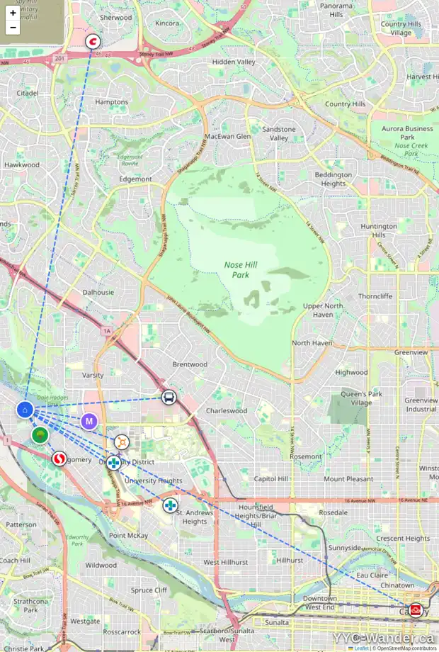 Daily accessibility map for 6220 BOWNESS RD NW, Calgary showing nearby schools, grocery stores, parks, LRT stations and nearby amenities
