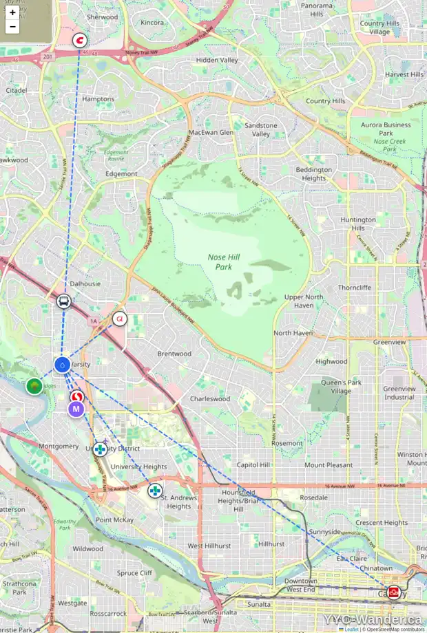 Daily accessibility map for 4420 52 ST NW, Calgary showing nearby schools, grocery stores, parks, LRT stations and nearby amenities