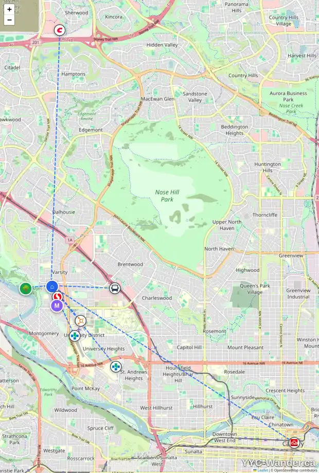Daily accessibility map for 2106 4001B 49 ST NW, Calgary showing nearby schools, grocery stores, parks, LRT stations and nearby amenities