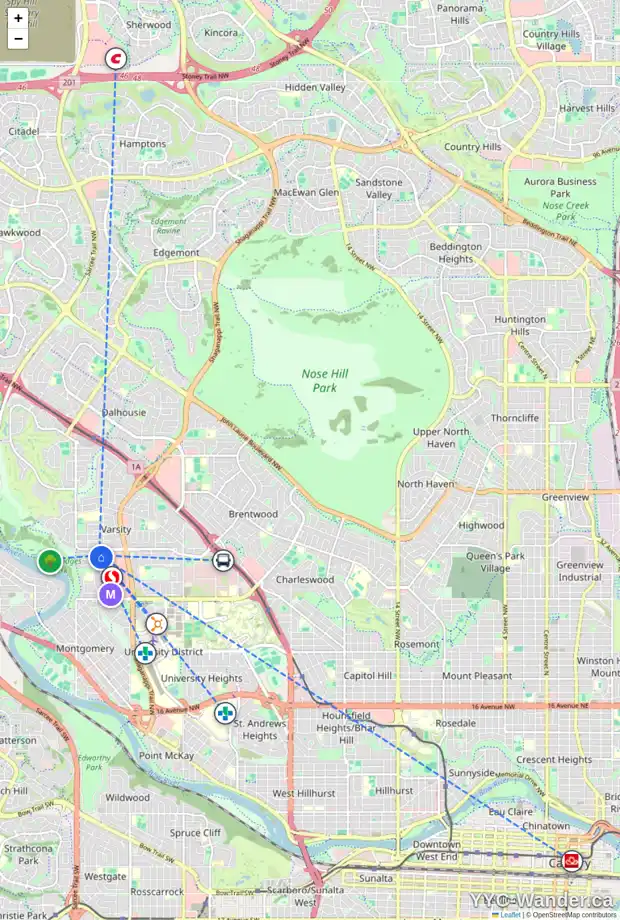 Daily accessibility map for 2305 4001B 49 ST NW, Calgary showing nearby schools, grocery stores, parks, LRT stations and nearby amenities