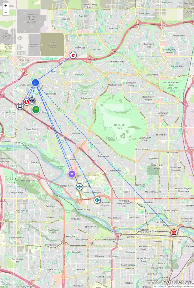 Daily accessibility map for 155 ARBOUR GLEN CL NW, Calgary showing nearby schools, grocery stores, parks, LRT stations and nearby amenities