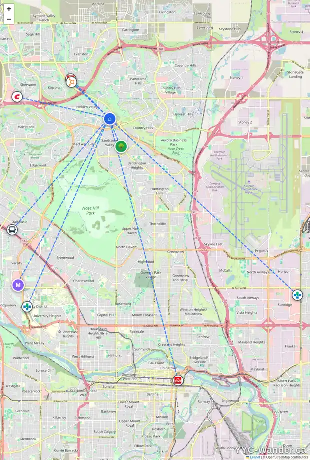 Daily accessibility map for 10406 HIDDEN VALLEY DR NW, Calgary showing nearby schools, grocery stores, parks, LRT stations and nearby amenities