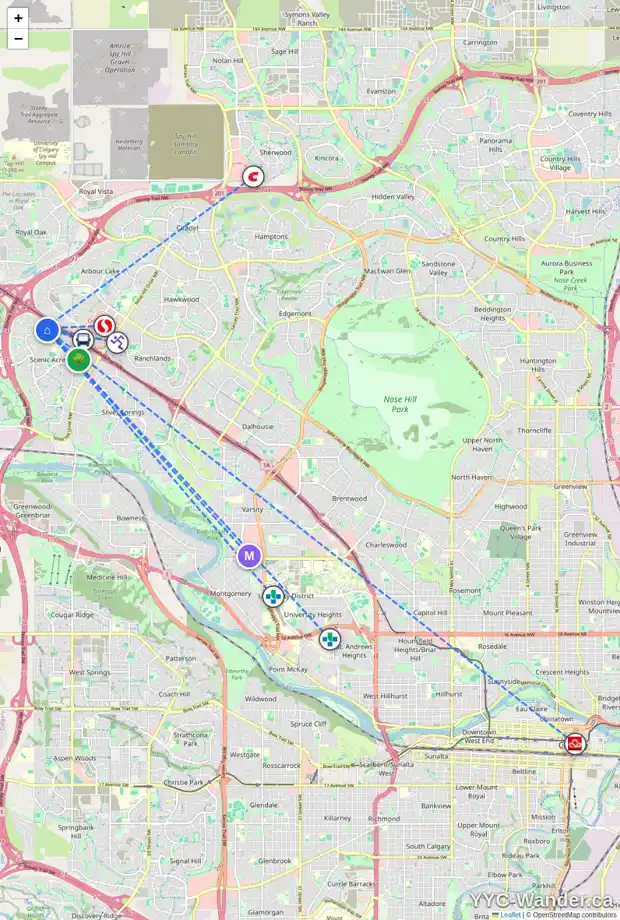 Daily accessibility map for 26 SCENIC VIEW CL NW, Calgary showing nearby schools, grocery stores, parks, LRT stations and nearby amenities