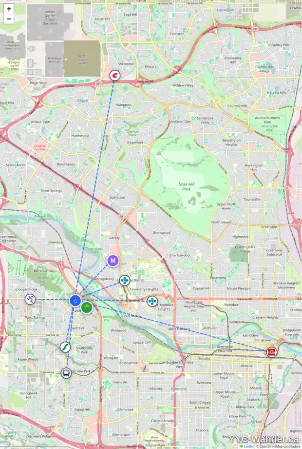 Daily accessibility map for 214 PATTERSON BV SW, Calgary showing nearby schools, grocery stores, parks, LRT stations and nearby amenities