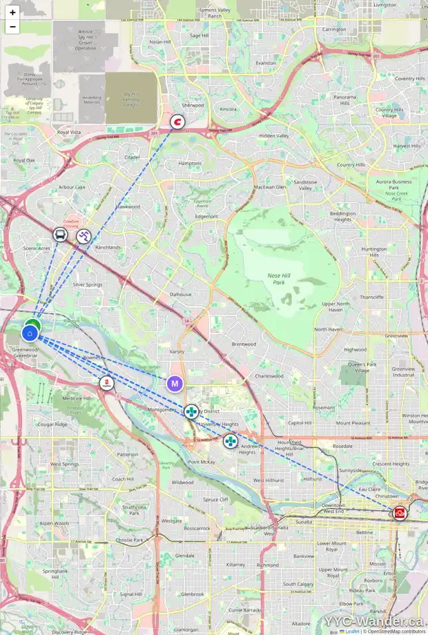 Daily accessibility map for 9060 48 AV NW, Calgary showing nearby schools, grocery stores, parks, LRT stations and nearby amenities