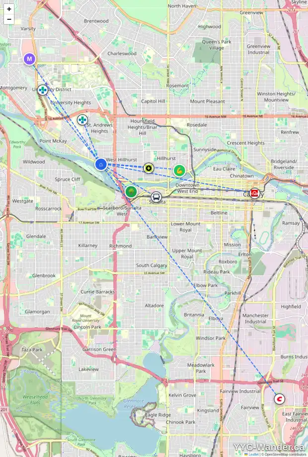 Daily accessibility map for 2726 PARKDALE BV NW, Calgary showing nearby schools, grocery stores, parks, LRT stations and nearby amenities