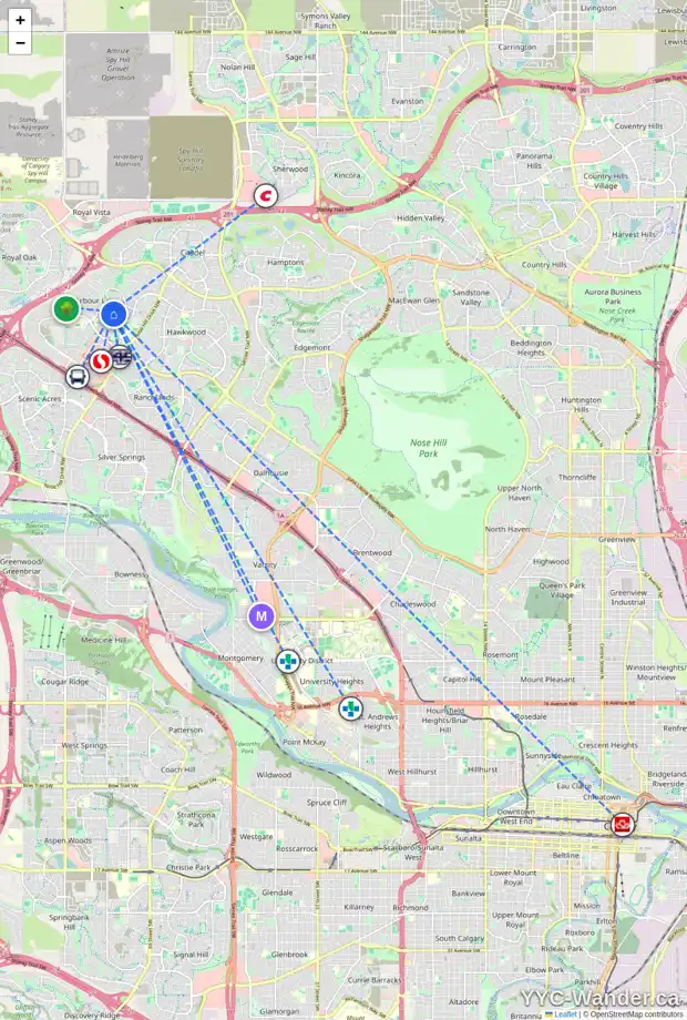 Daily accessibility map for 41 ARBOUR VISTA RD NW, Calgary showing nearby schools, grocery stores, parks, LRT stations and nearby amenities