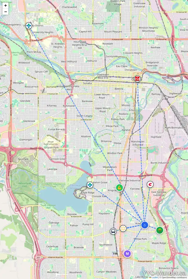 Daily accessibility map for 9512 ASSINIBOINE RD SE, Calgary showing nearby schools, grocery stores, parks, LRT stations and nearby amenities