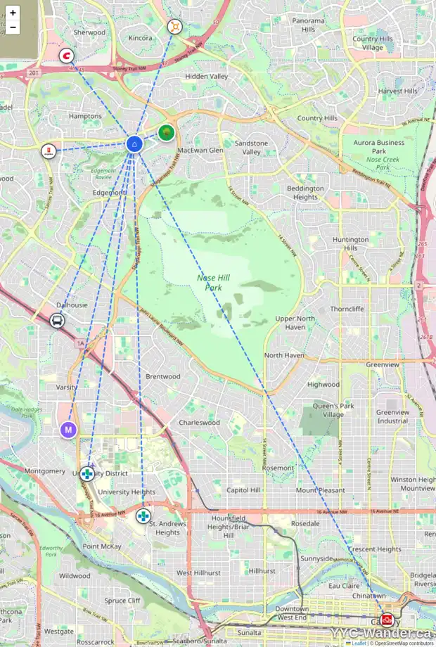 Daily accessibility map for 19 EDGERIDGE PA NW, Calgary showing nearby schools, grocery stores, parks, LRT stations and nearby amenities