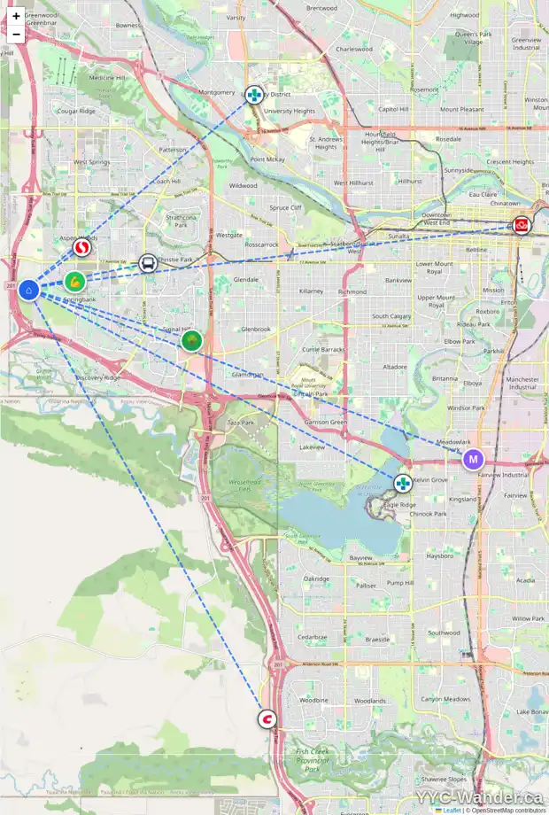 Daily accessibility map for 16 SLOPES GV SW, Calgary showing nearby schools, grocery stores, parks, LRT stations and nearby amenities