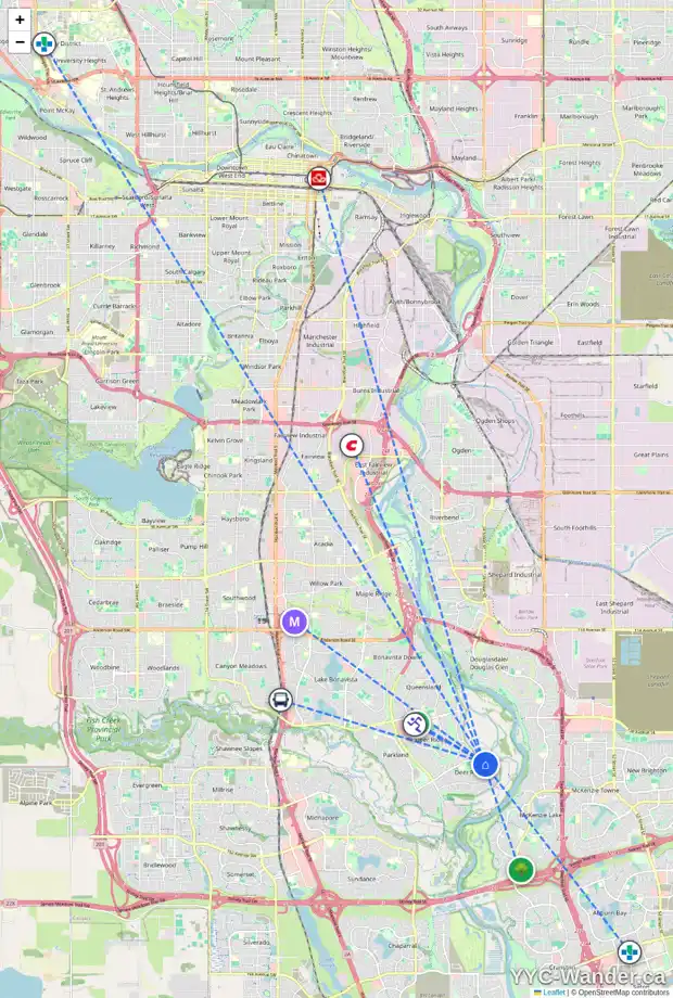 Daily accessibility map for 8 DEERBROOK RD SE, Calgary showing nearby schools, grocery stores, parks, LRT stations and nearby amenities
