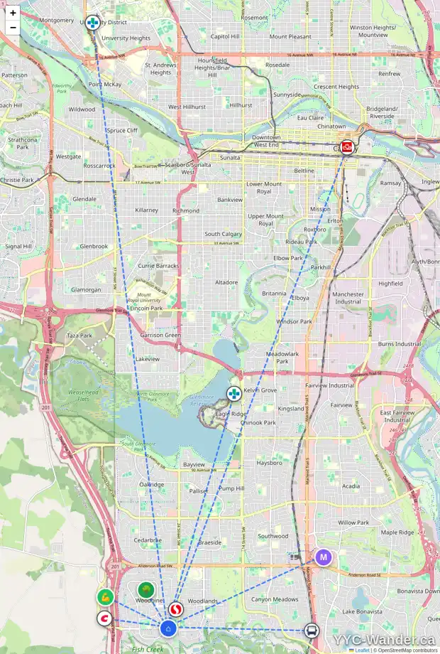 Daily accessibility map for 220 WOODFIELD PL SW, Calgary showing nearby schools, grocery stores, parks, LRT stations and nearby amenities
