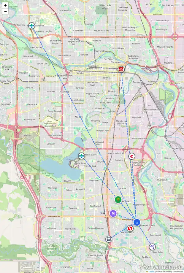 Daily accessibility map for 63 LAKE WAPTA RI SE, Calgary showing nearby schools, grocery stores, parks, LRT stations and nearby amenities