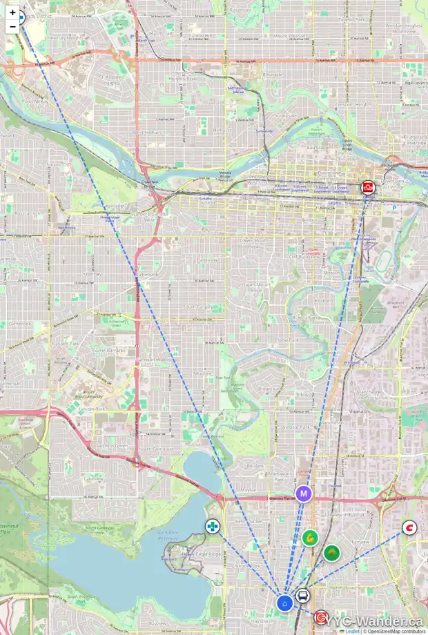 Daily accessibility map for 42 HYSLOP DR SW, Calgary showing nearby schools, grocery stores, parks, LRT stations and nearby amenities