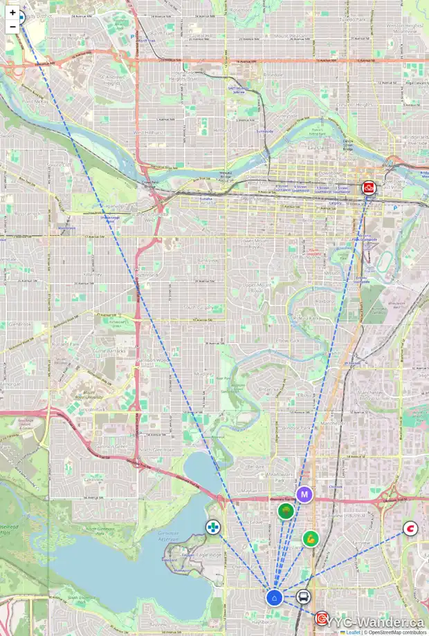 Daily accessibility map for 8431 7 ST SW, Calgary showing nearby schools, grocery stores, parks, LRT stations and nearby amenities