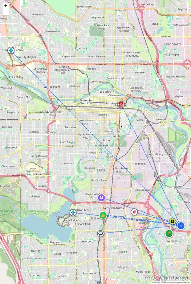 Daily accessibility map for 7819 21A ST SE, Calgary showing nearby schools, grocery stores, parks, LRT stations and nearby amenities