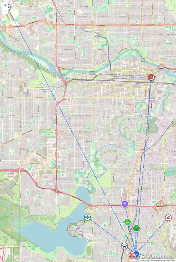 Daily accessibility map for 227 215 86 AV SE, Calgary showing nearby schools, grocery stores, parks, LRT stations and nearby amenities