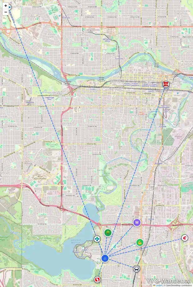 Daily accessibility map for 8031 CHARDIE RD SW, Calgary showing nearby schools, grocery stores, parks, LRT stations and nearby amenities