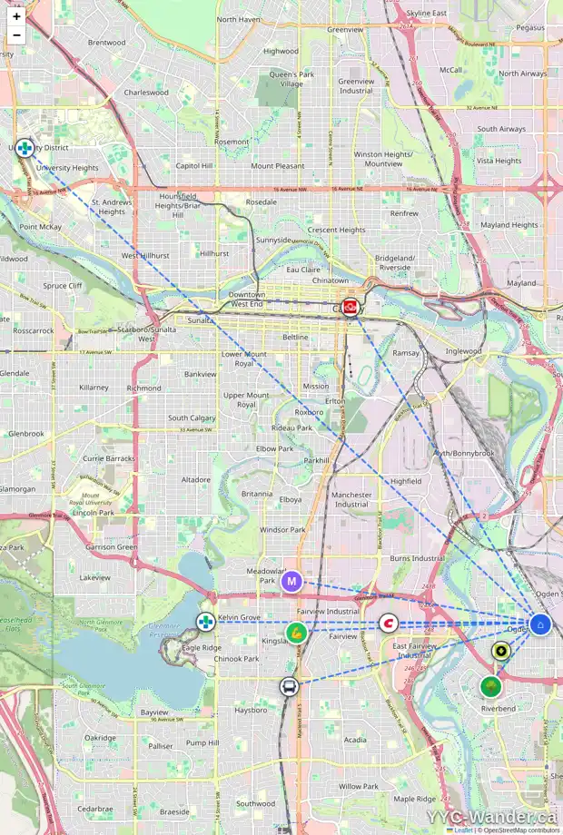 Daily accessibility map for 2439 CRESTWOOD RD SE, Calgary showing nearby schools, grocery stores, parks, LRT stations and nearby amenities