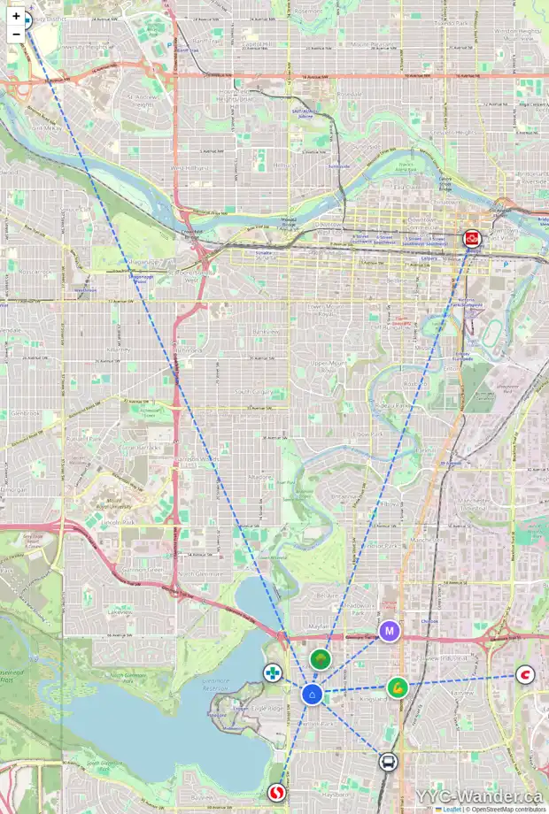 Daily accessibility map for 1231 73 AV SW, Calgary showing nearby schools, grocery stores, parks, LRT stations and nearby amenities