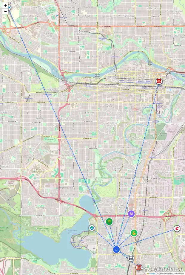 Daily accessibility map for 8051 ELBOW DR SW, Calgary showing nearby schools, grocery stores, parks, LRT stations and nearby amenities