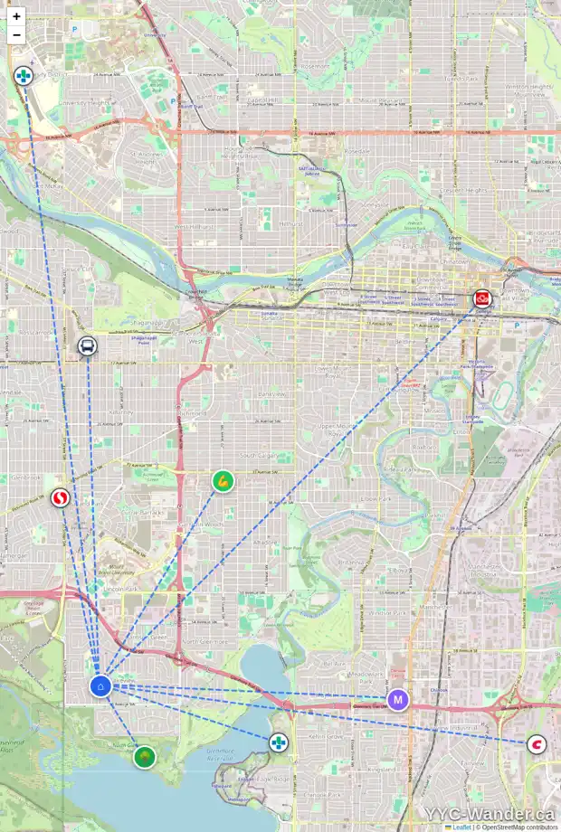 Daily accessibility map for 3423 62 AV SW, Calgary showing nearby schools, grocery stores, parks, LRT stations and nearby amenities