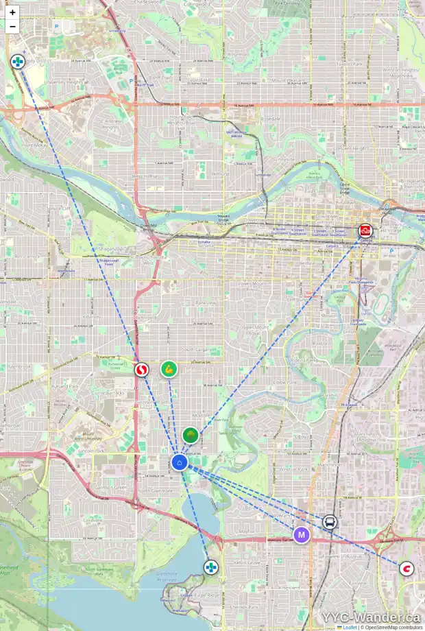 Daily accessibility map for 5203 19 ST SW, Calgary showing nearby schools, grocery stores, parks, LRT stations and nearby amenities