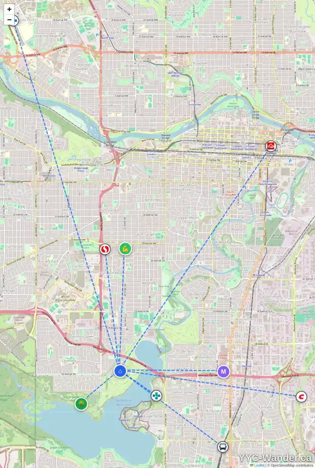 Daily accessibility map for 2307 LONGRIDGE DR SW, Calgary showing nearby schools, grocery stores, parks, LRT stations and nearby amenities