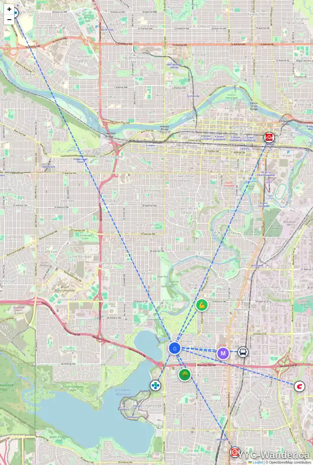 Daily accessibility map for 6135 BELVEDERE RD SW, Calgary showing nearby schools, grocery stores, parks, LRT stations and nearby amenities
