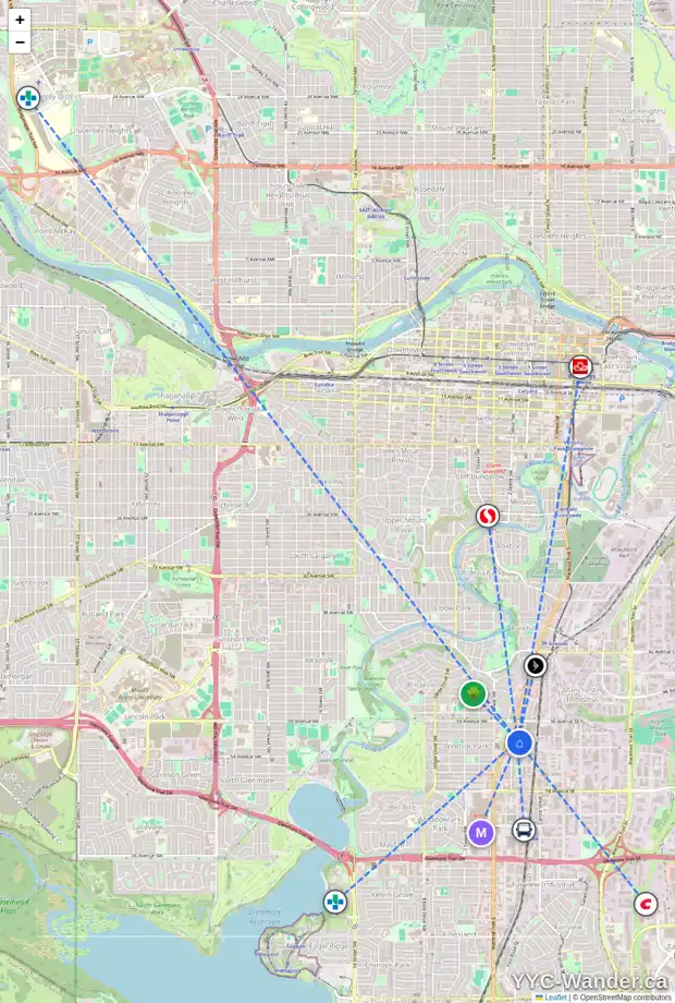 Daily accessibility map for 5311 1A ST SW, Calgary showing nearby schools, grocery stores, parks, LRT stations and nearby amenities