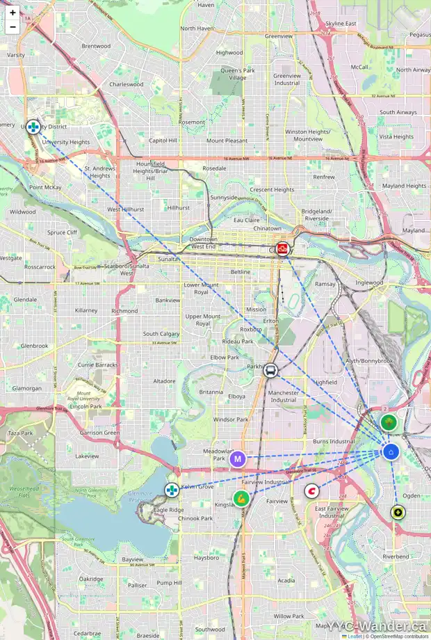 Daily accessibility map for 6216 17A ST SE, Calgary showing nearby schools, grocery stores, parks, LRT stations and nearby amenities