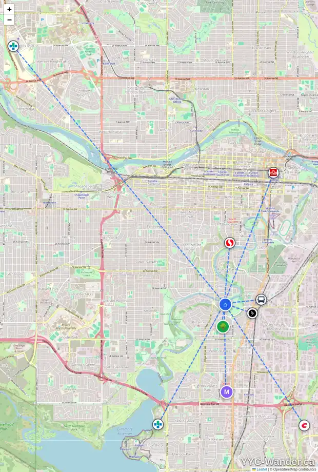 Daily accessibility map for 443 RIVERDALE AV SW, Calgary showing nearby schools, grocery stores, parks, LRT stations and nearby amenities