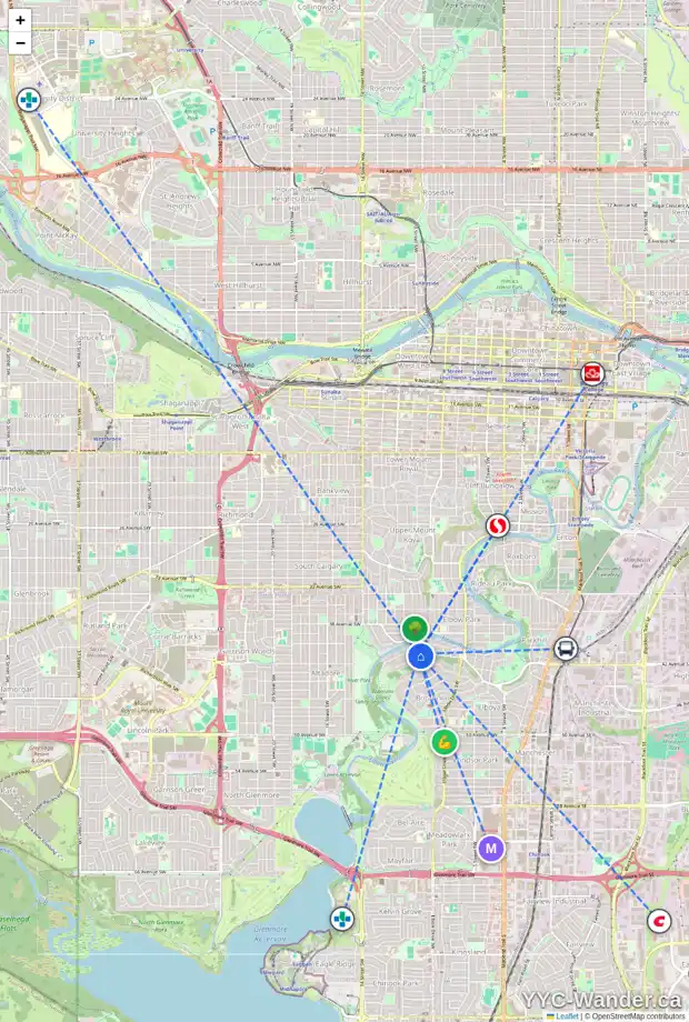 Daily accessibility map for 1114 LANSDOWNE AV SW, Calgary showing nearby schools, grocery stores, parks, LRT stations and nearby amenities