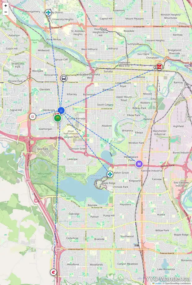 Daily accessibility map for 3616 RICHMOND RD SW, Calgary showing nearby schools, grocery stores, parks, LRT stations and nearby amenities