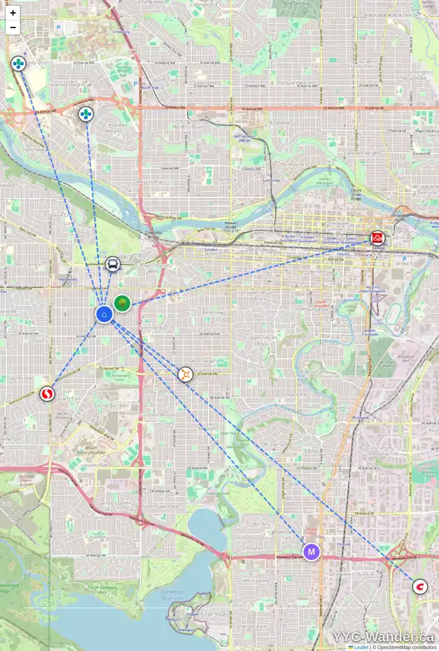 Daily accessibility map for 2224 28 ST SW, Calgary showing nearby schools, grocery stores, parks, LRT stations and nearby amenities