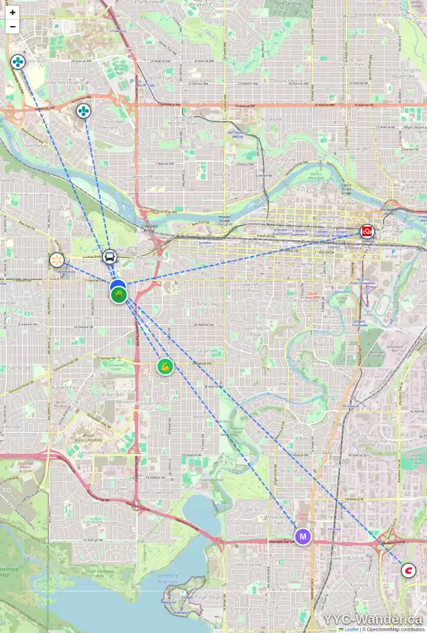 Daily accessibility map for 2 1928 26 ST SW, Calgary showing nearby schools, grocery stores, parks, LRT stations and nearby amenities