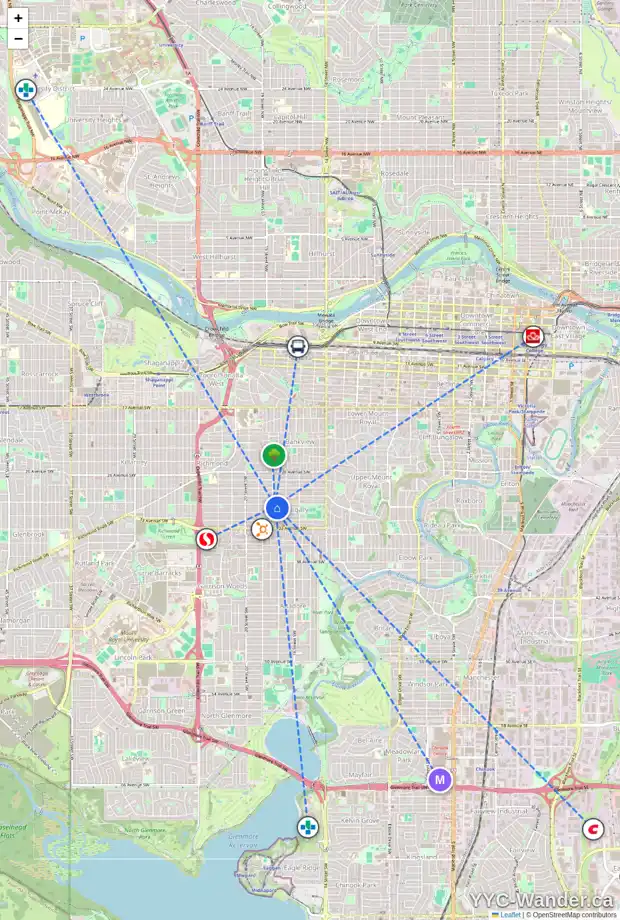 Daily accessibility map for 1833 30 AV SW, Calgary showing nearby schools, grocery stores, parks, LRT stations and nearby amenities