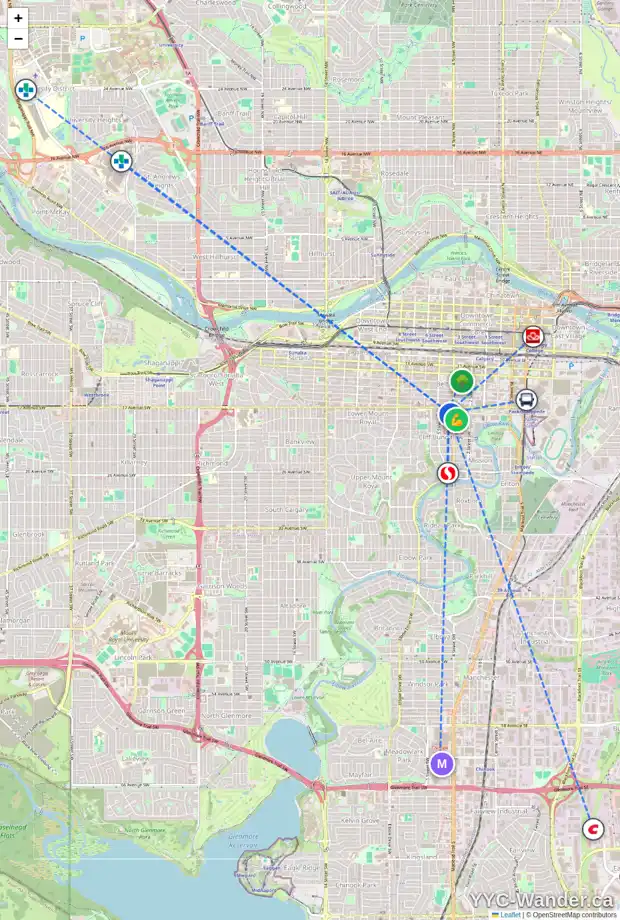 Daily accessibility map for 516 18 AV SW, Calgary showing nearby schools, grocery stores, parks, LRT stations and nearby amenities