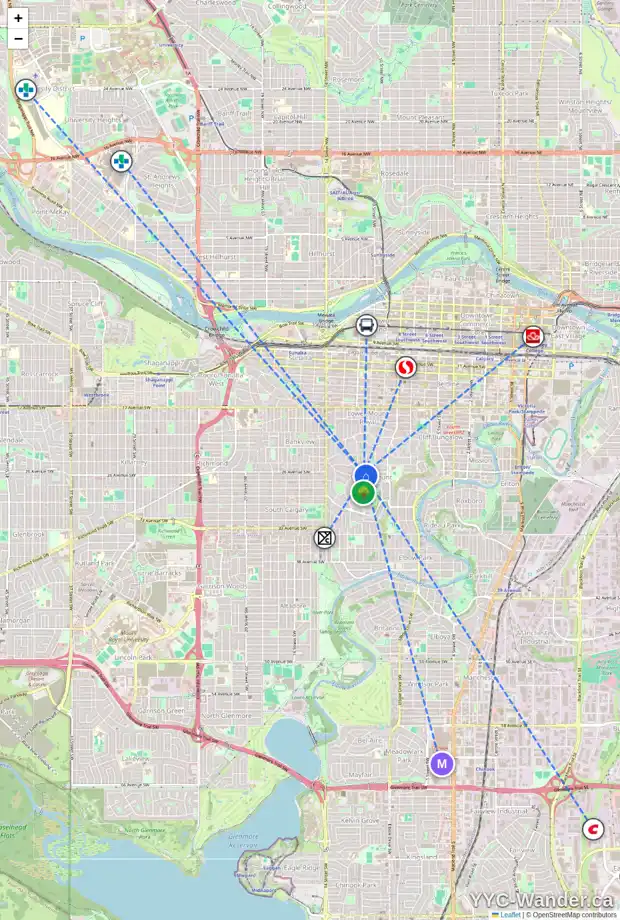 Daily accessibility map for 1131 DORCHESTER AV SW, Calgary showing nearby schools, grocery stores, parks, LRT stations and nearby amenities