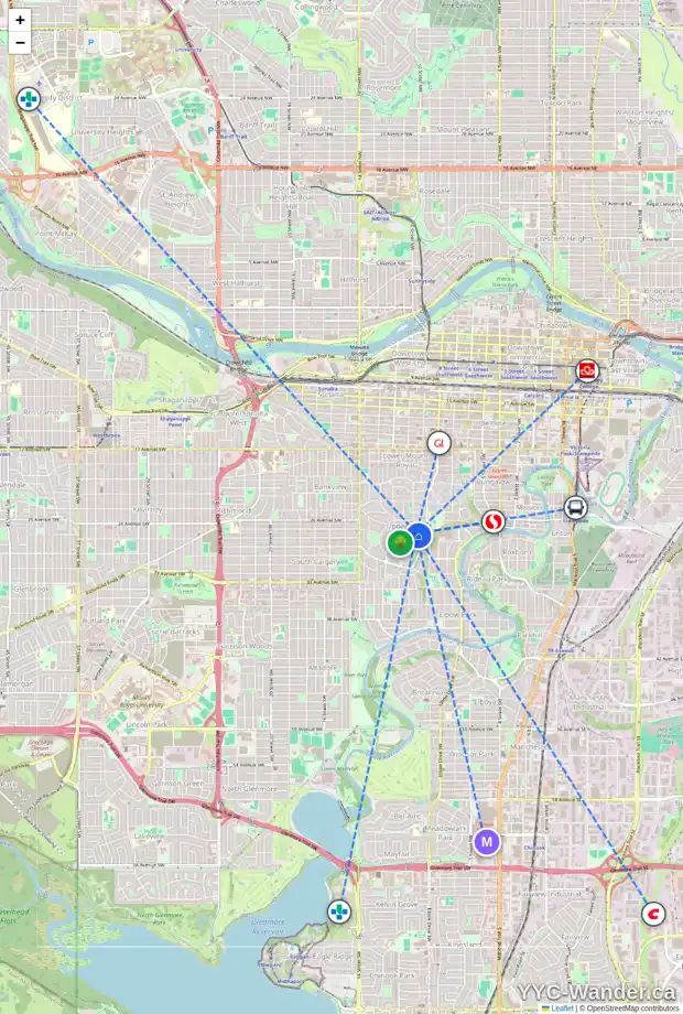 Daily accessibility map for 2701 CARTIER ST SW, Calgary showing nearby schools, grocery stores, parks, LRT stations and nearby amenities