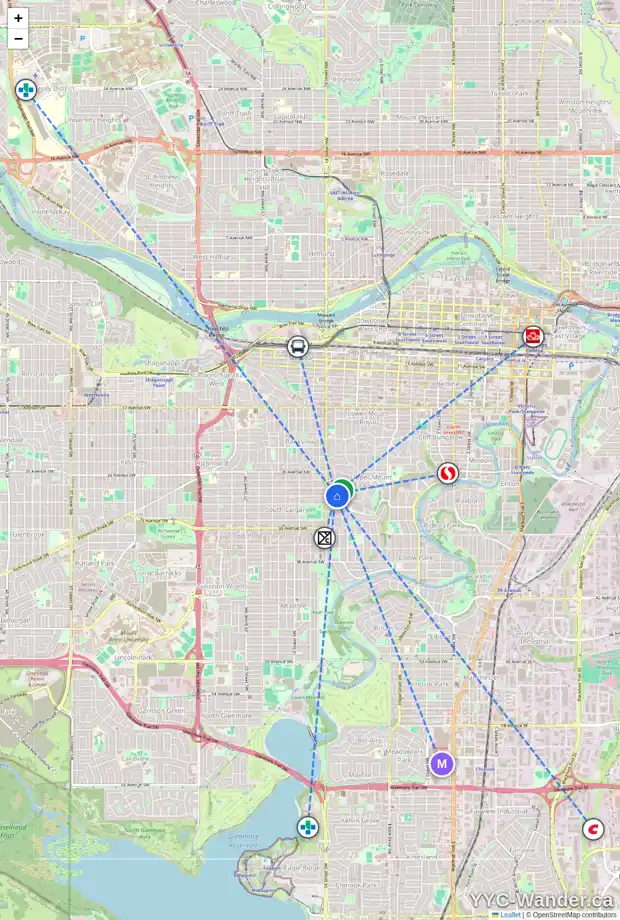 Daily accessibility map for 2931 WOLFE ST SW, Calgary showing nearby schools, grocery stores, parks, LRT stations and nearby amenities