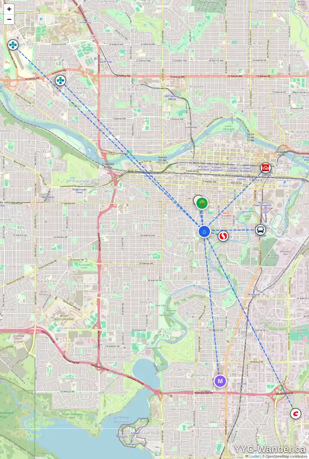 Daily accessibility map for 808 HILLCREST AV SW, Calgary showing nearby schools, grocery stores, parks, LRT stations and nearby amenities
