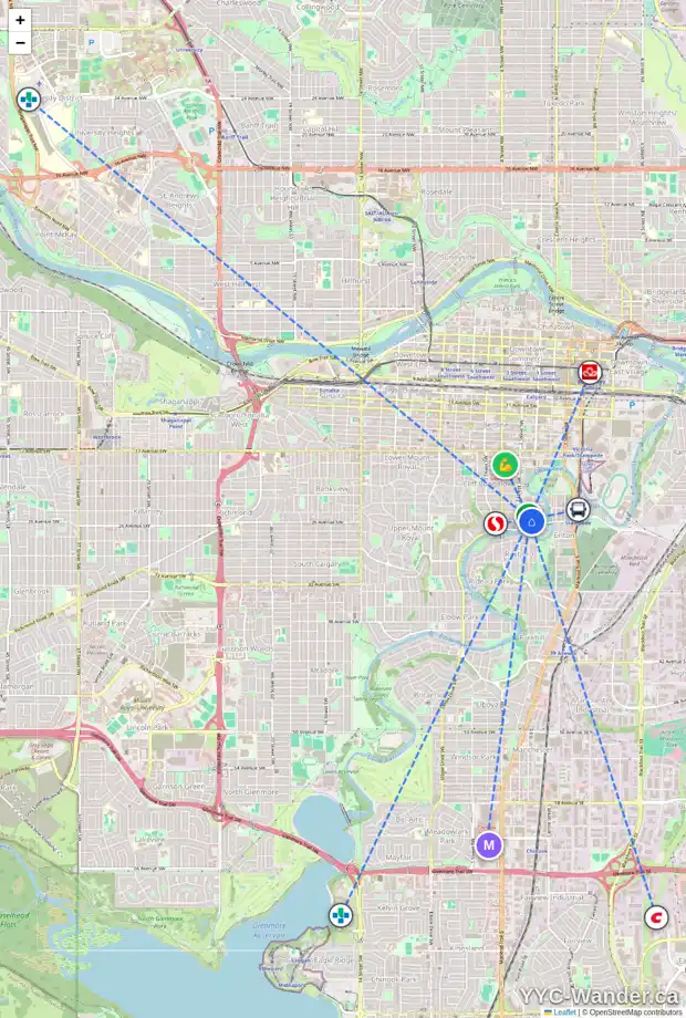 Daily accessibility map for 208 25 AV SW, Calgary showing nearby schools, grocery stores, parks, LRT stations and nearby amenities