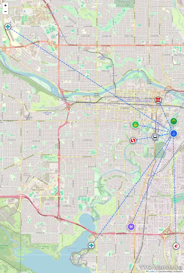Daily accessibility map for 2312 6 ST SE, Calgary showing nearby schools, grocery stores, parks, LRT stations and nearby amenities
