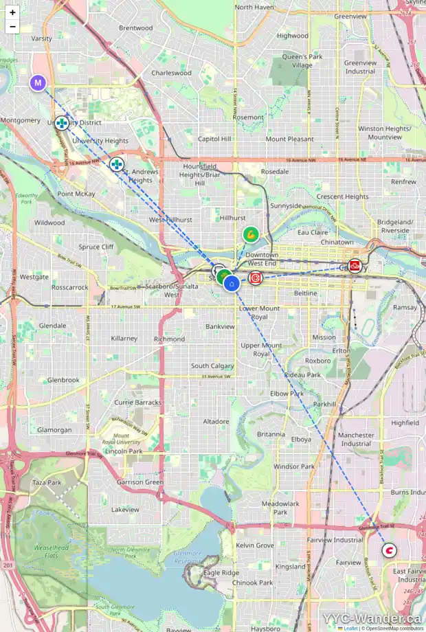 Daily accessibility map for 1526 12 AV SW, Calgary showing nearby schools, grocery stores, parks, LRT stations and nearby amenities