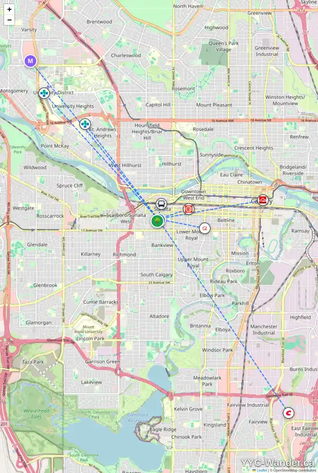 Daily accessibility map for 1732 14 AV SW, Calgary showing nearby schools, grocery stores, parks, LRT stations and nearby amenities