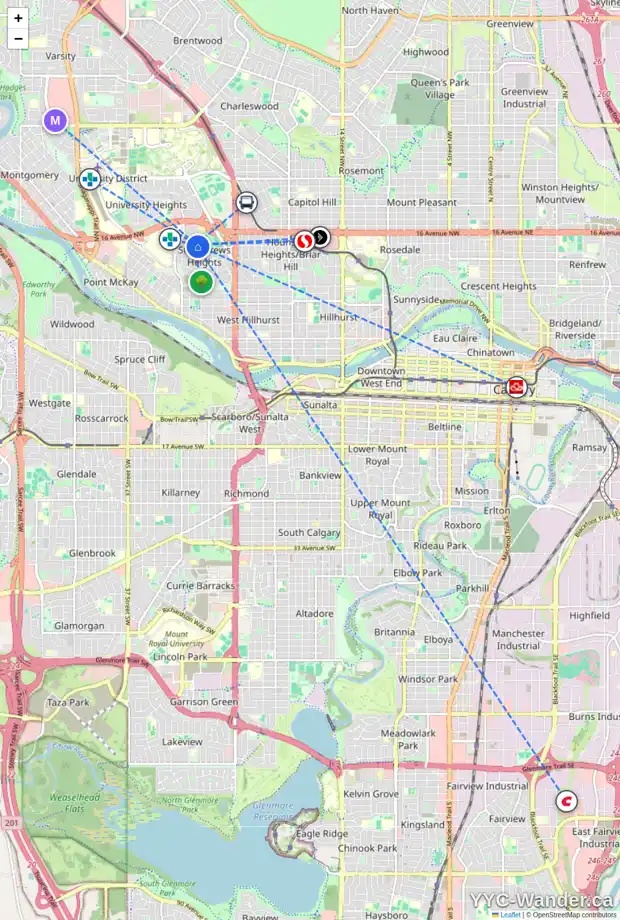 Daily accessibility map for 1559 WINDSOR ST NW, Calgary showing nearby schools, grocery stores, parks, LRT stations and nearby amenities