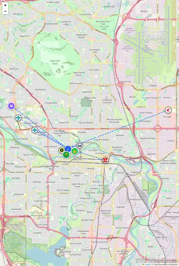 Daily accessibility map for 208 16 ST NW, Calgary showing nearby schools, grocery stores, parks, LRT stations and nearby amenities
